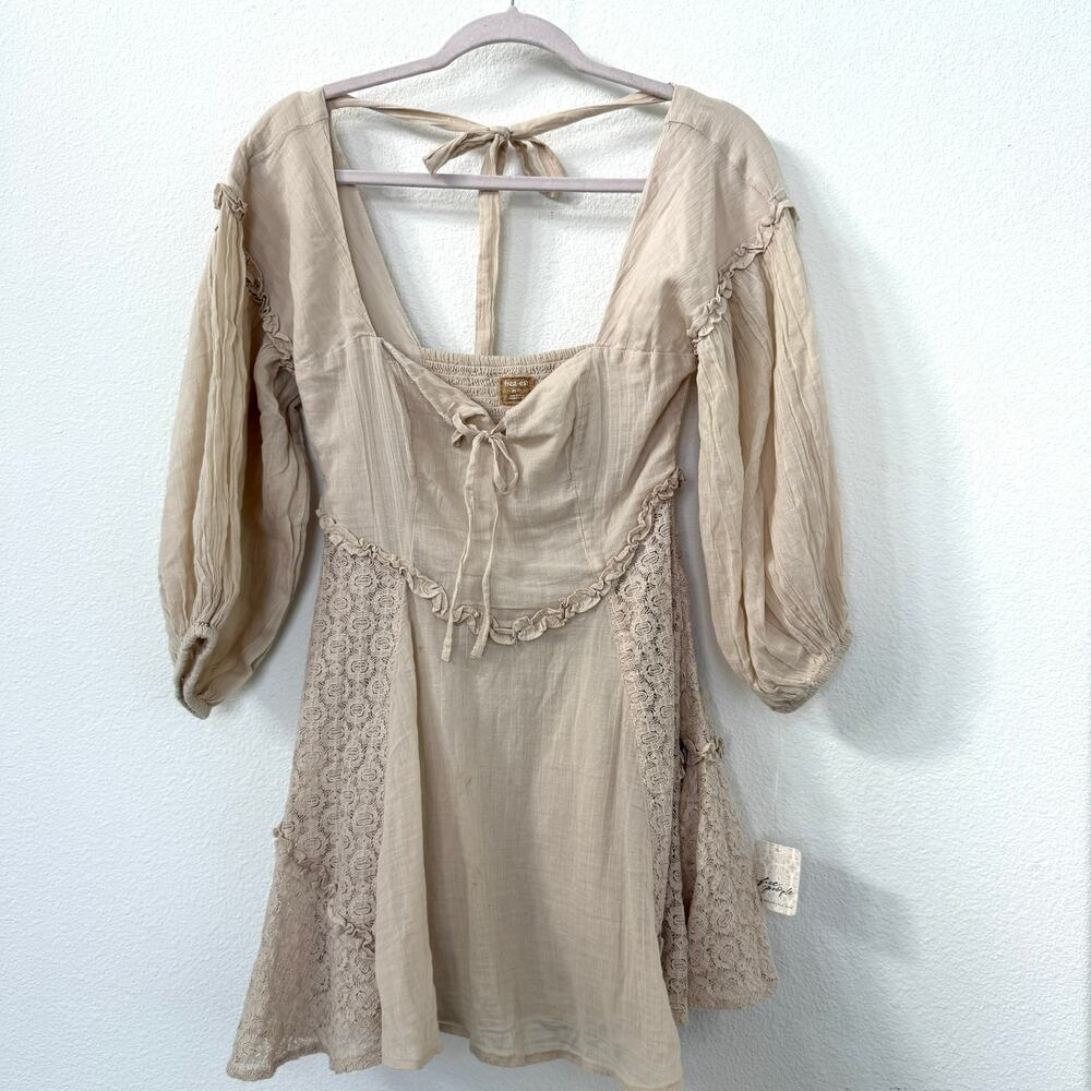 FREE PEOPLE Free-Est Summer Sand Lace Peasant Boho Mini Dress‎ Beige XS